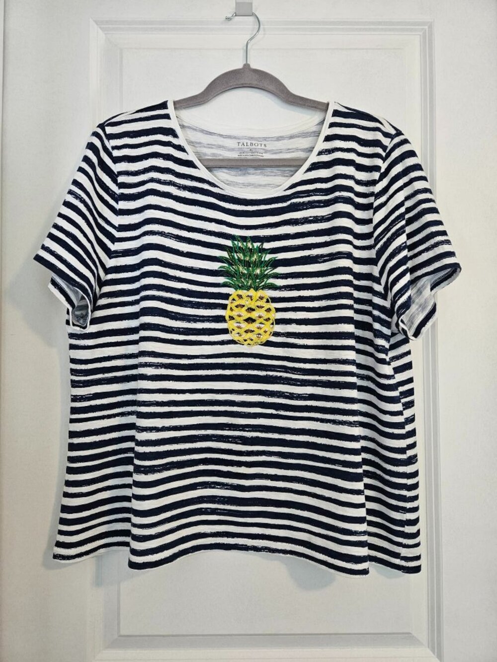 Talbots Pineapple Embroidered Striped Tee | XL | Navy/White Cotton